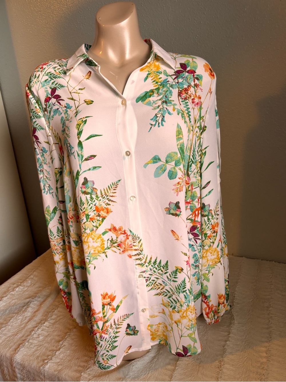 City Streets White Floral Button-Front Top with Multicolor Botanical Print